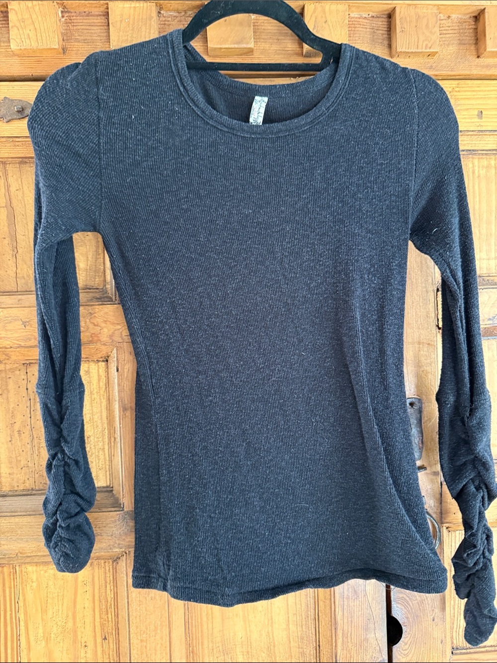 Free People Black Long-Sleeve Ruched-Sleeve Top
